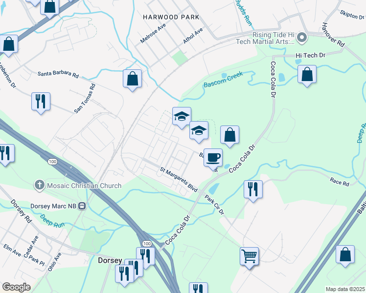 map of restaurants, bars, coffee shops, grocery stores, and more near Banbury Drive in Elkridge