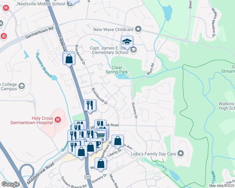 map of restaurants, bars, coffee shops, grocery stores, and more near 11313 Corinthian Court in Germantown