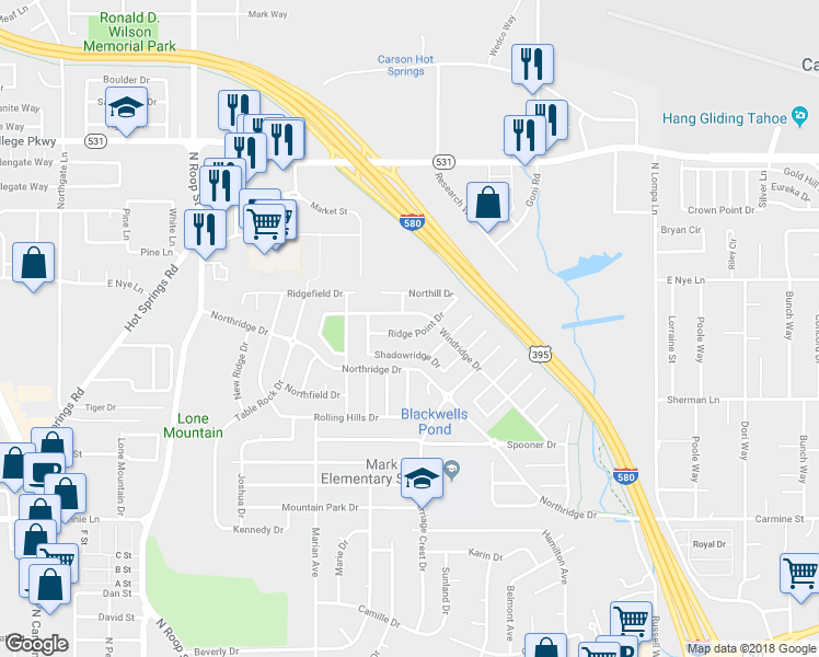 map of restaurants, bars, coffee shops, grocery stores, and more near 1370 Ridge Point Drive in Carson City
