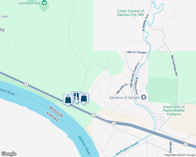 map of restaurants, bars, coffee shops, grocery stores, and more near 6702 Northwest 50th Street in Kansas City