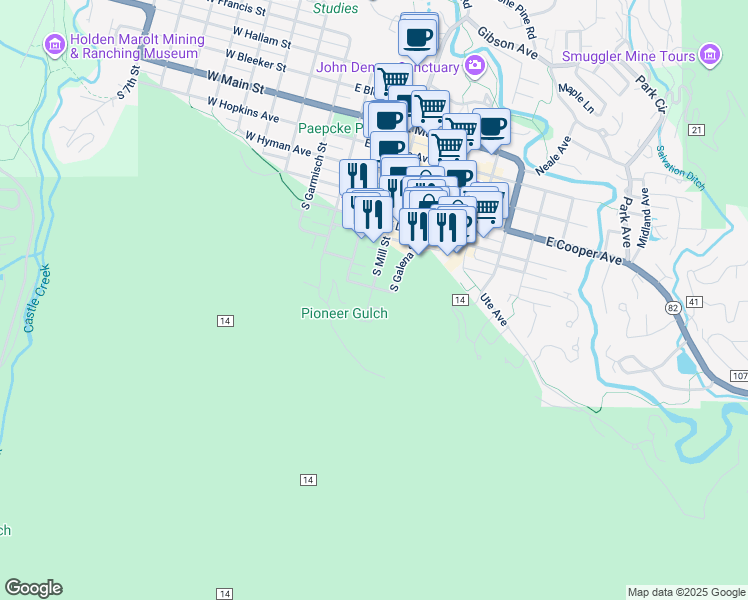 map of restaurants, bars, coffee shops, grocery stores, and more near 922 South Mill Street in Aspen