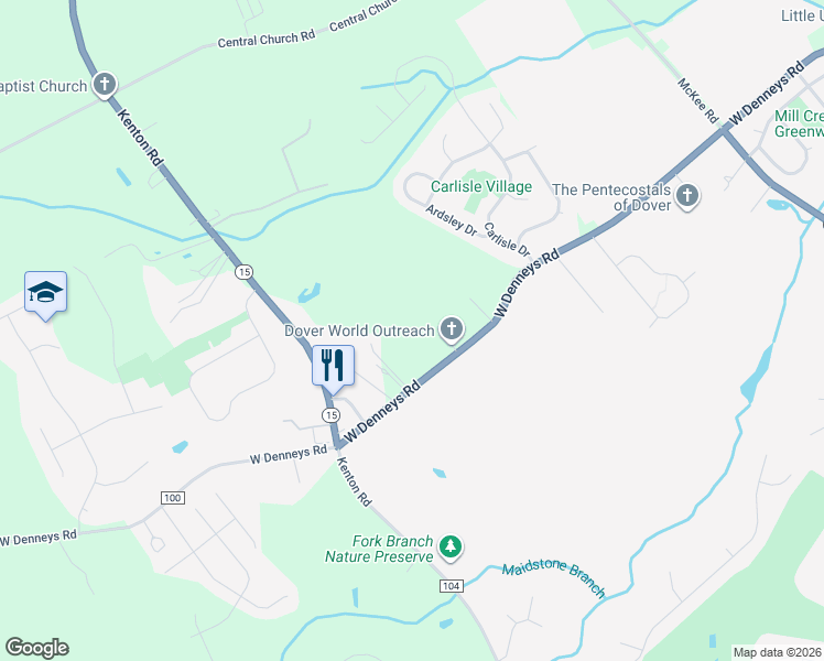 map of restaurants, bars, coffee shops, grocery stores, and more near 3867 West Denneys Road in Dover