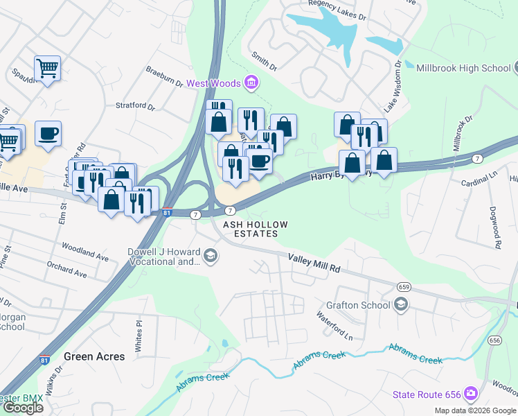 map of restaurants, bars, coffee shops, grocery stores, and more near 127 Martin Drive in Winchester