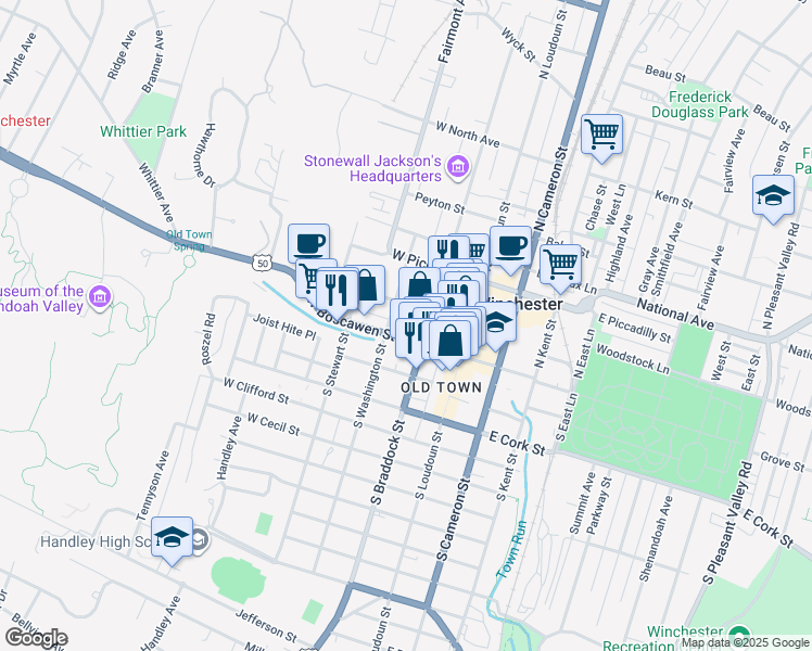 map of restaurants, bars, coffee shops, grocery stores, and more near 125 West Boscawen Street in Winchester