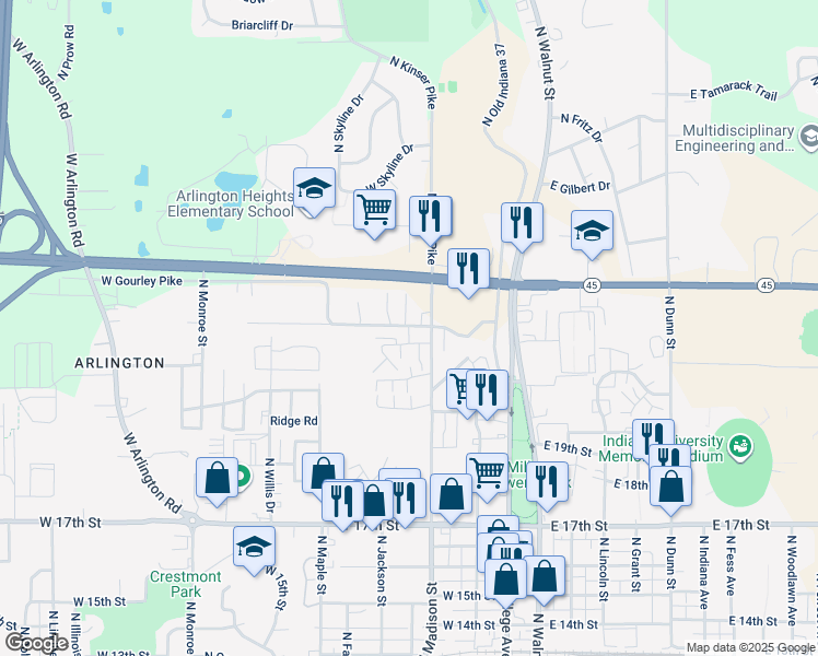 map of restaurants, bars, coffee shops, grocery stores, and more near in Bloomington