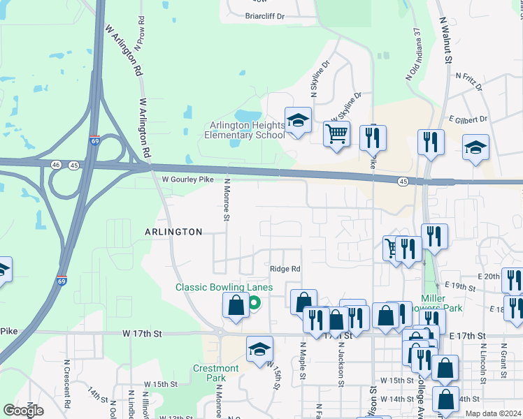 map of restaurants, bars, coffee shops, grocery stores, and more near 1614 North Willis Drive in Bloomington