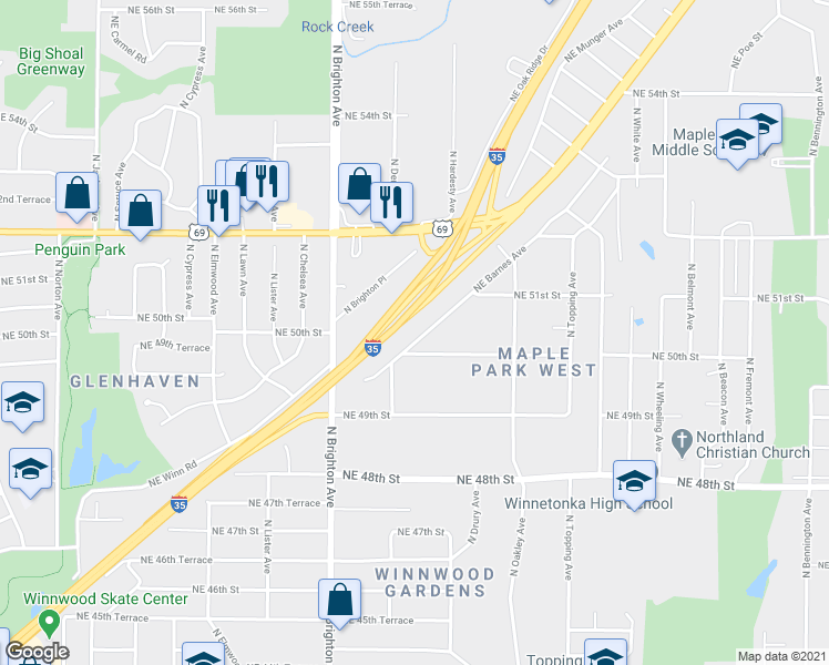map of restaurants, bars, coffee shops, grocery stores, and more near 5300 Northeast 50th Street in Kansas City