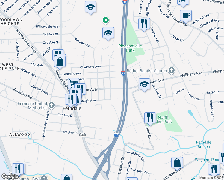 map of restaurants, bars, coffee shops, grocery stores, and more near 607 Wellham Avenue in Glen Burnie