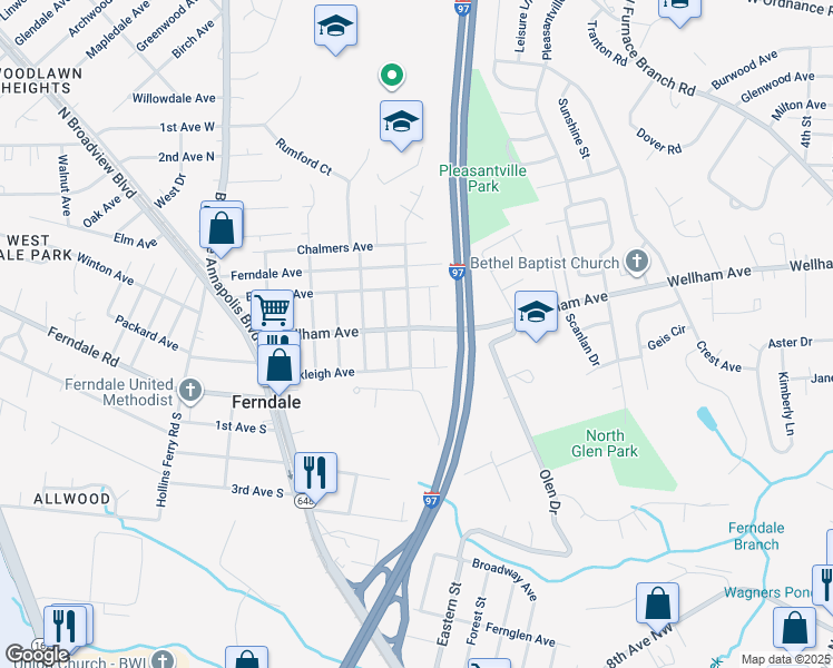 map of restaurants, bars, coffee shops, grocery stores, and more near 607 Wellham Avenue in Glen Burnie