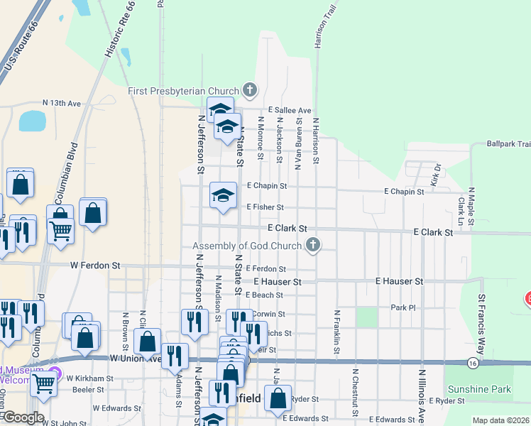 map of restaurants, bars, coffee shops, grocery stores, and more near 215 East Clark Street in Litchfield