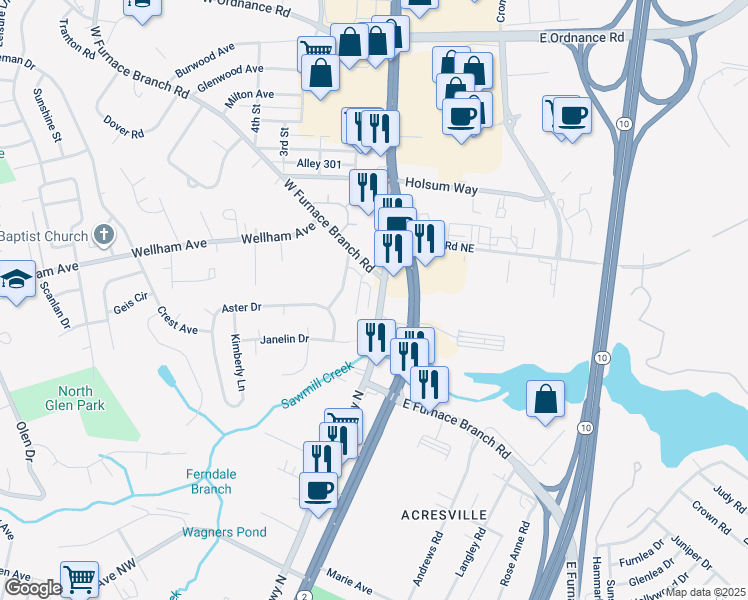 map of restaurants, bars, coffee shops, grocery stores, and more near 57 Glen Ridge Road in Glen Burnie