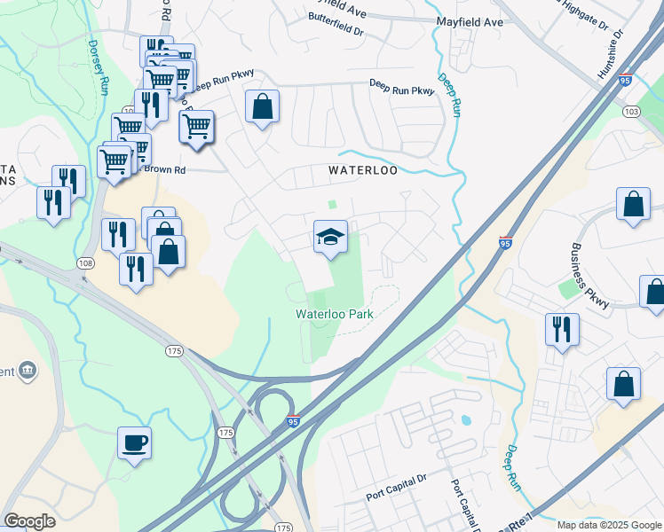 map of restaurants, bars, coffee shops, grocery stores, and more near 6925 Old Waterloo Road in Elkridge