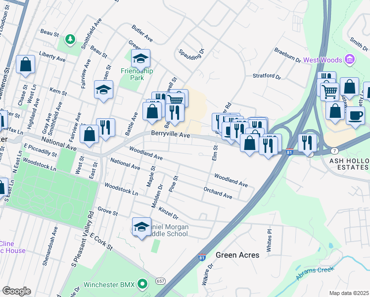 map of restaurants, bars, coffee shops, grocery stores, and more near 828 Frederick Avenue in Winchester