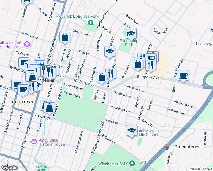 map of restaurants, bars, coffee shops, grocery stores, and more near 317 North Pleasant Valley Road in Winchester