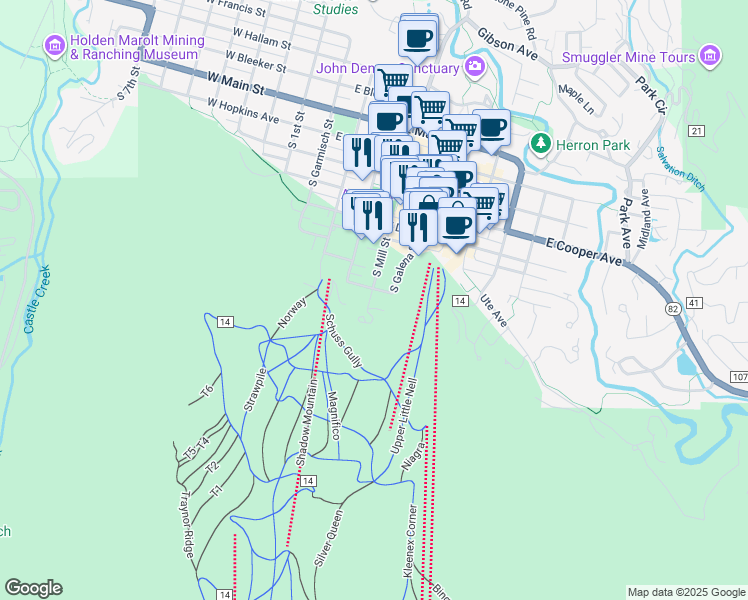 map of restaurants, bars, coffee shops, grocery stores, and more near 922 South Mill Street in Aspen