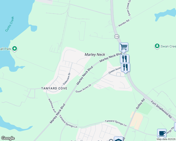 map of restaurants, bars, coffee shops, grocery stores, and more near 7180 Marley Neck Boulevard in Pasadena