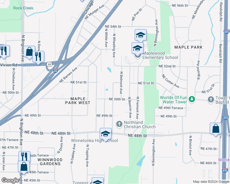 map of restaurants, bars, coffee shops, grocery stores, and more near 5015 North Wheeling Avenue in Kansas City