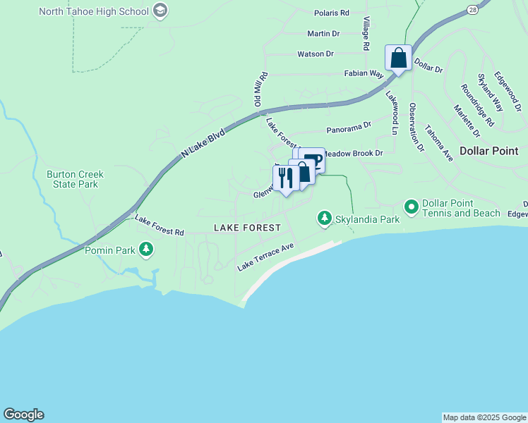 map of restaurants, bars, coffee shops, grocery stores, and more near 2800 Lake Forest Road in Tahoe City