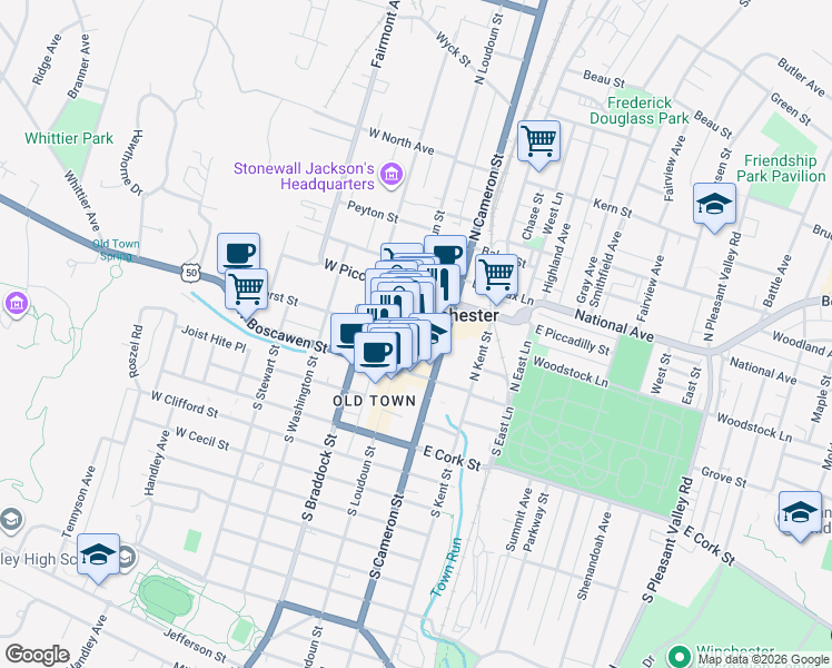 map of restaurants, bars, coffee shops, grocery stores, and more near 20 North Loudoun Street in Winchester