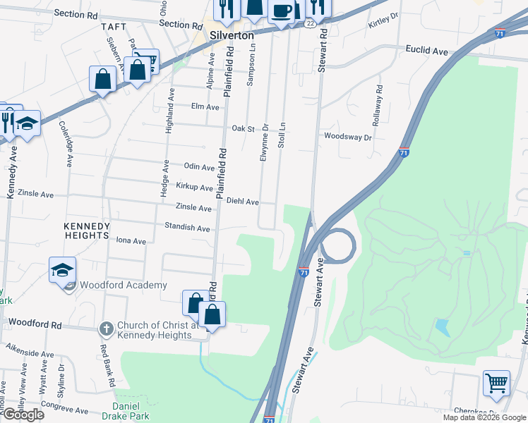 map of restaurants, bars, coffee shops, grocery stores, and more near 6328 Elwynne Drive in Cincinnati