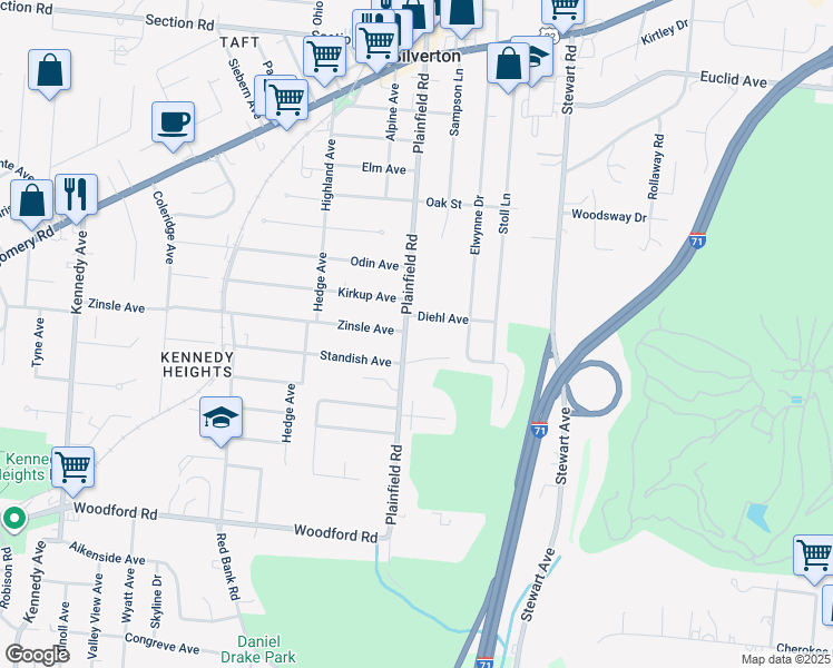 map of restaurants, bars, coffee shops, grocery stores, and more near 6302 Plainfield Road in Cincinnati