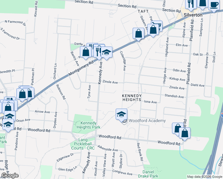 map of restaurants, bars, coffee shops, grocery stores, and more near 3639 Solar Vista Place in Cincinnati