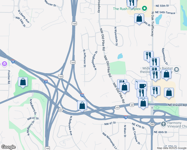map of restaurants, bars, coffee shops, grocery stores, and more near 4925 North Washington Street in Kansas City