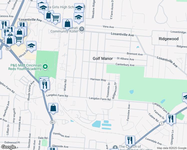 map of restaurants, bars, coffee shops, grocery stores, and more near 6134 Mayflower Avenue in Cincinnati