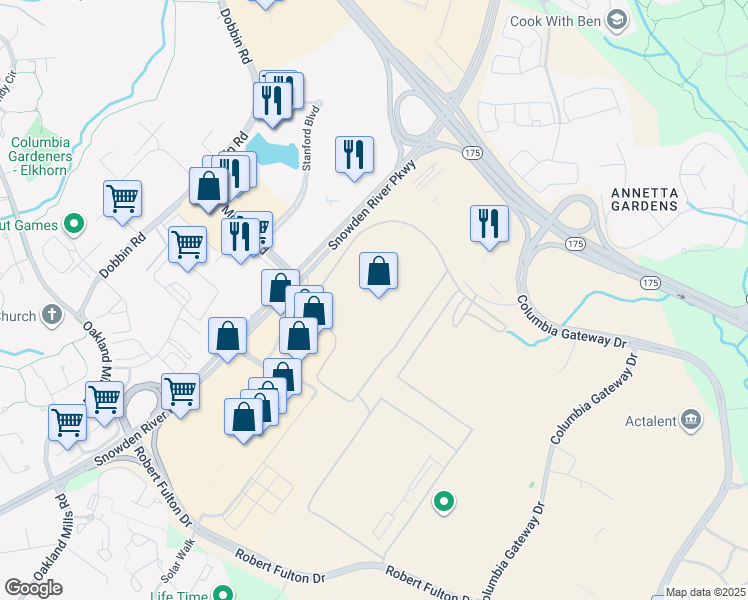 map of restaurants, bars, coffee shops, grocery stores, and more near 8901 Snowden River Parkway in Columbia