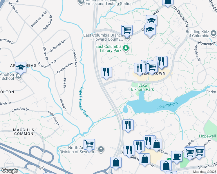 map of restaurants, bars, coffee shops, grocery stores, and more near 7376 Broken Staff in Columbia