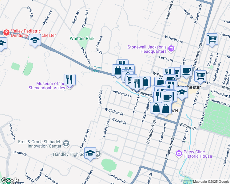 map of restaurants, bars, coffee shops, grocery stores, and more near 111 Shirley Street in Winchester