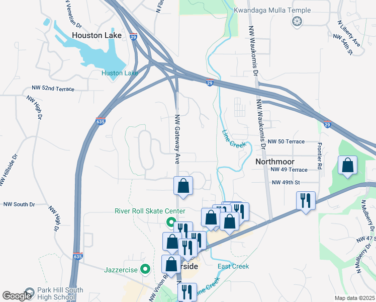 map of restaurants, bars, coffee shops, grocery stores, and more near 5011 Northwest Gateway Avenue in Riverside