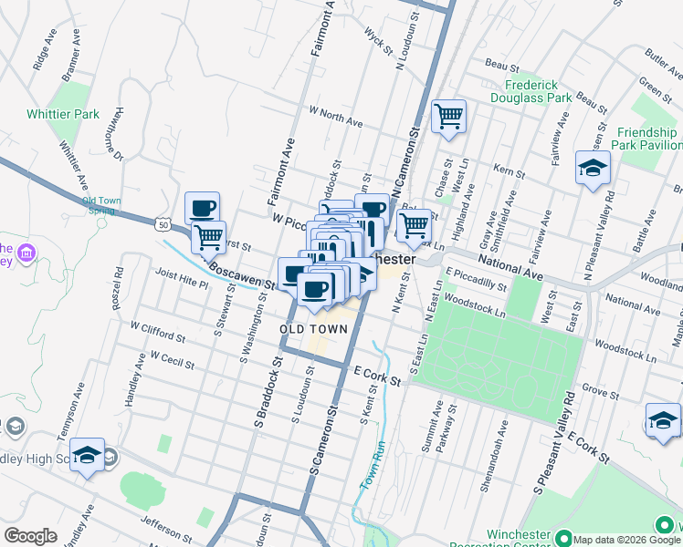 map of restaurants, bars, coffee shops, grocery stores, and more near 20 North Loudoun Street in Winchester