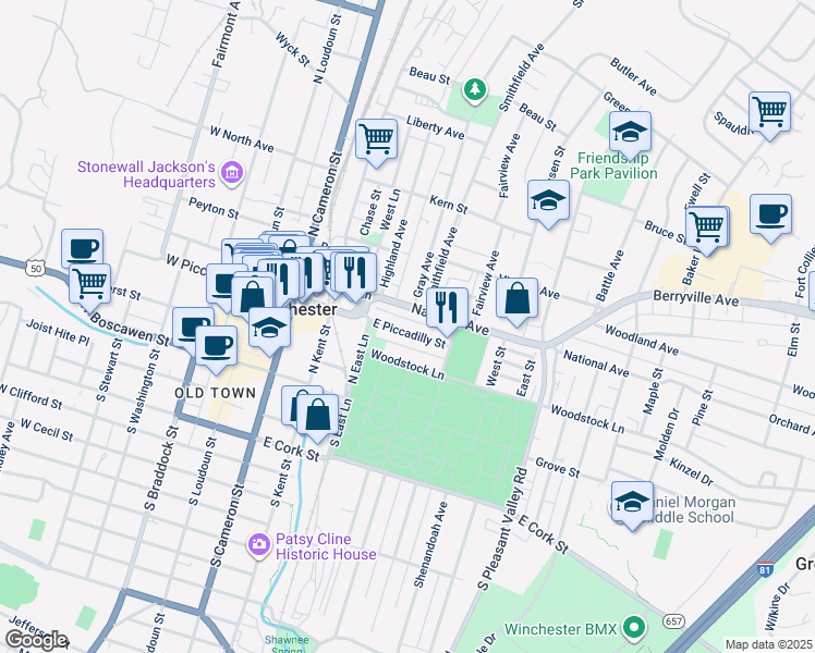 map of restaurants, bars, coffee shops, grocery stores, and more near 326 East Piccadilly Street in Winchester