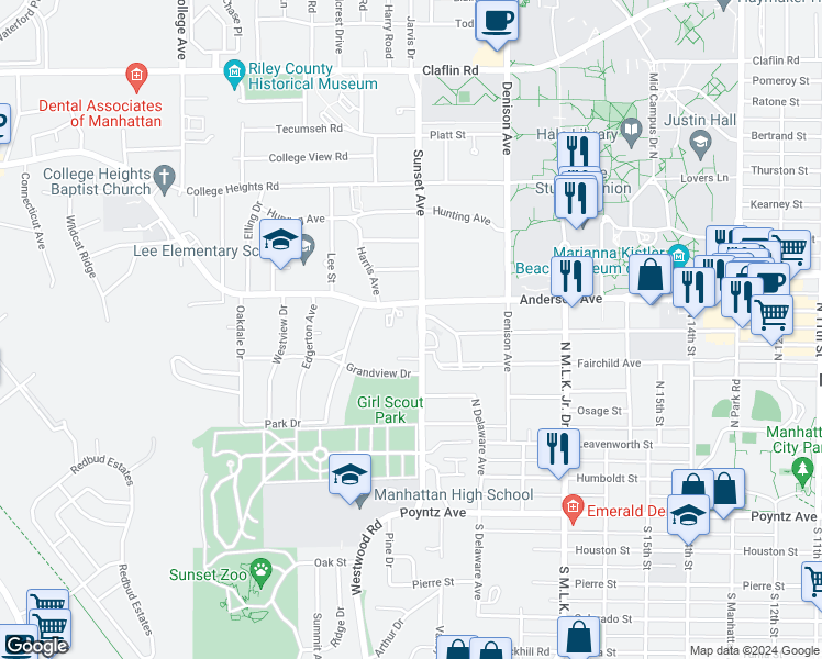 map of restaurants, bars, coffee shops, grocery stores, and more near 531 Sunset Avenue in Manhattan