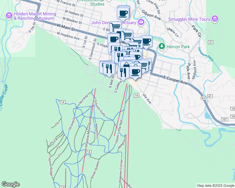 map of restaurants, bars, coffee shops, grocery stores, and more near 738 South Galena Street in Aspen
