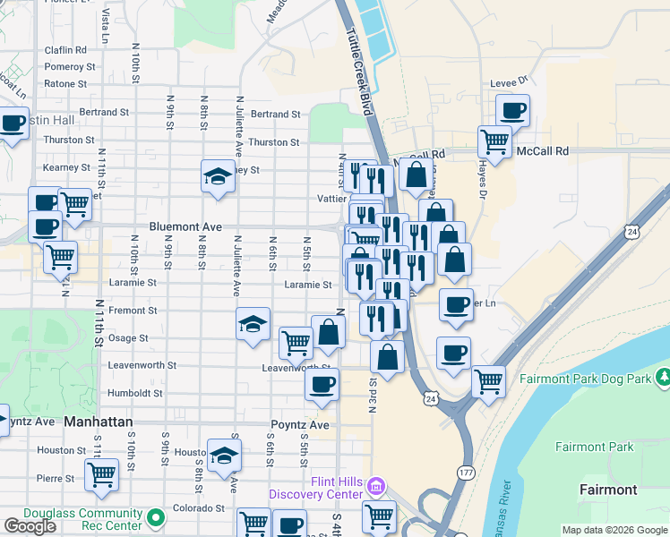 map of restaurants, bars, coffee shops, grocery stores, and more near 417 Laramie Street in Manhattan