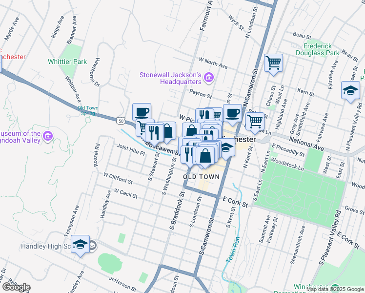 map of restaurants, bars, coffee shops, grocery stores, and more near 125 West Boscawen Street in Winchester