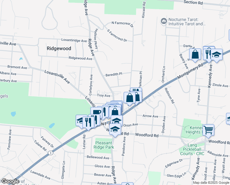 map of restaurants, bars, coffee shops, grocery stores, and more near 6210 Ridge Avenue in Cincinnati
