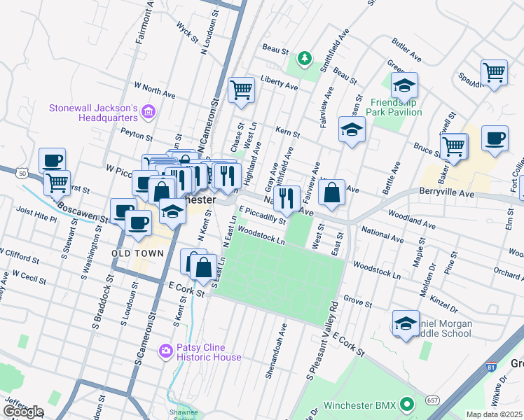 map of restaurants, bars, coffee shops, grocery stores, and more near 326 East Piccadilly Street in Winchester