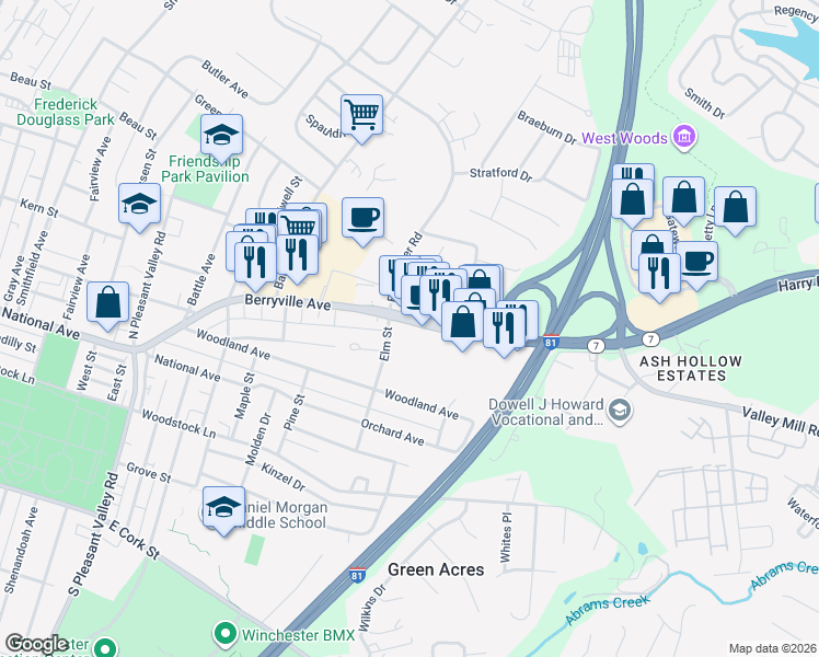 map of restaurants, bars, coffee shops, grocery stores, and more near 500 Elm Street in Winchester