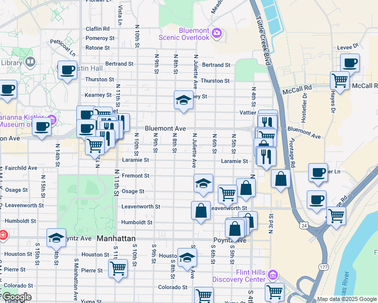 map of restaurants, bars, coffee shops, grocery stores, and more near 715 Laramie Street in Manhattan