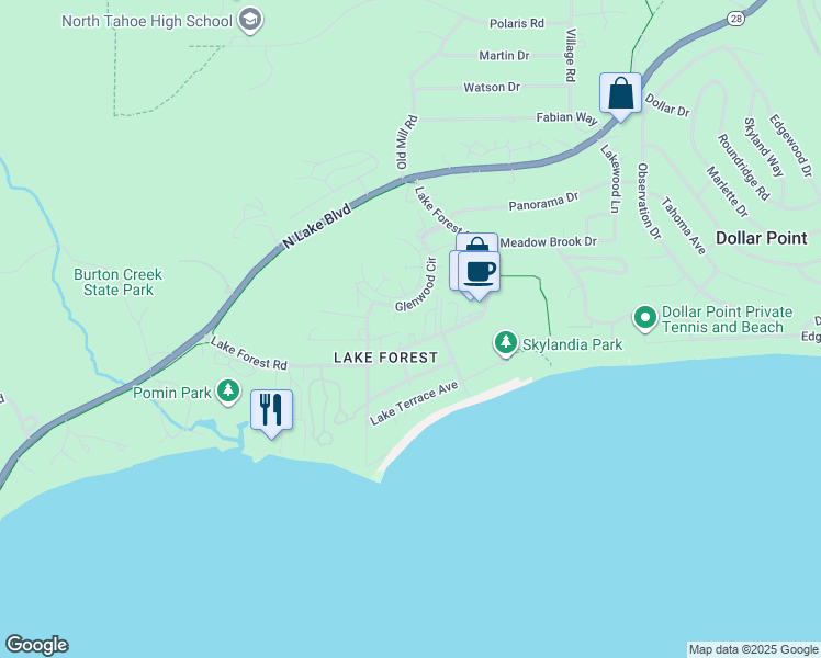 map of restaurants, bars, coffee shops, grocery stores, and more near 2800 Lake Forest Road in Tahoe City