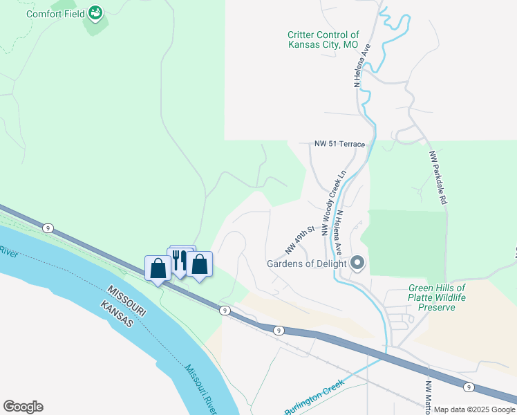 map of restaurants, bars, coffee shops, grocery stores, and more near 6631 Northwest 50th Street in Kansas City