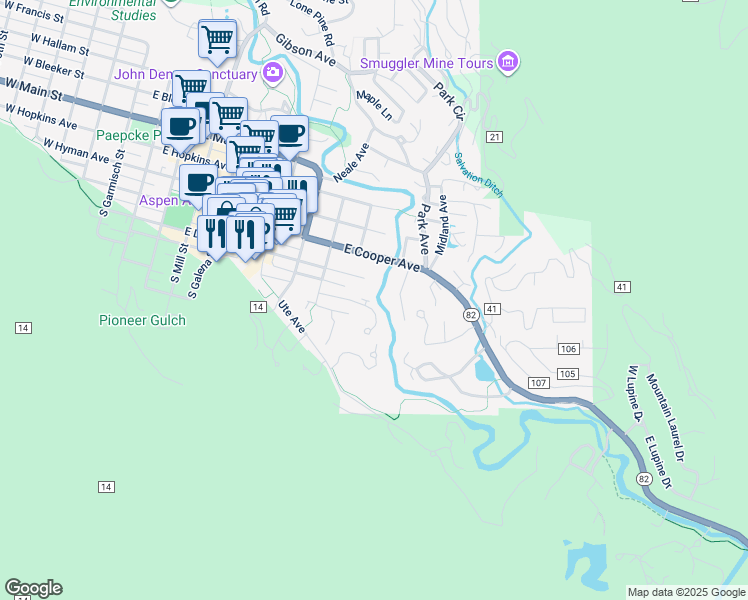 map of restaurants, bars, coffee shops, grocery stores, and more near 1106 Waters Avenue in Aspen