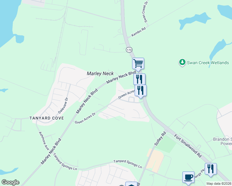 map of restaurants, bars, coffee shops, grocery stores, and more near 101 Prospect Road in Glen Burnie