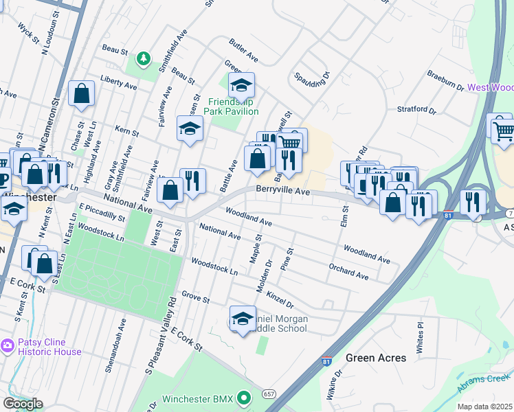 map of restaurants, bars, coffee shops, grocery stores, and more near 712 Frederick Avenue in Winchester