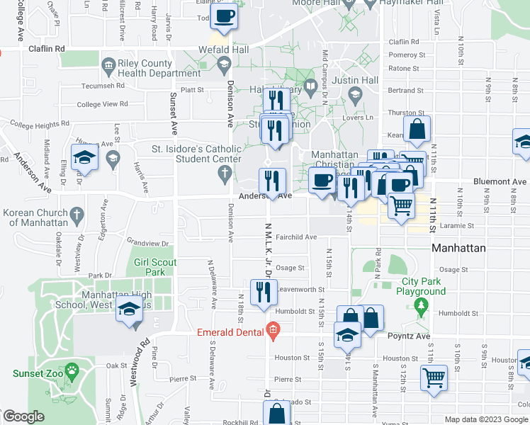 map of restaurants, bars, coffee shops, grocery stores, and more near 1700 Laramie Street in Manhattan