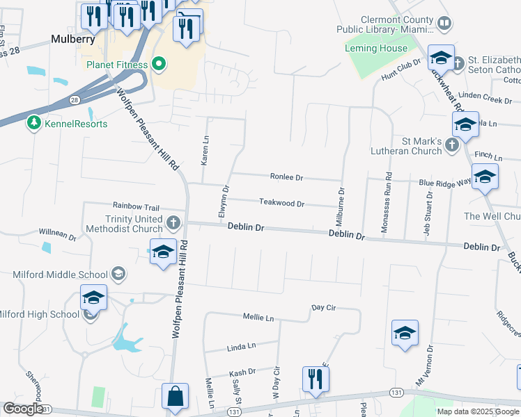 map of restaurants, bars, coffee shops, grocery stores, and more near 1168 Teakwood Drive in Milford