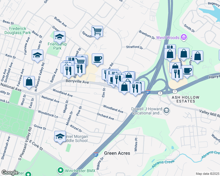 map of restaurants, bars, coffee shops, grocery stores, and more near 621 Atwell Avenue in Winchester